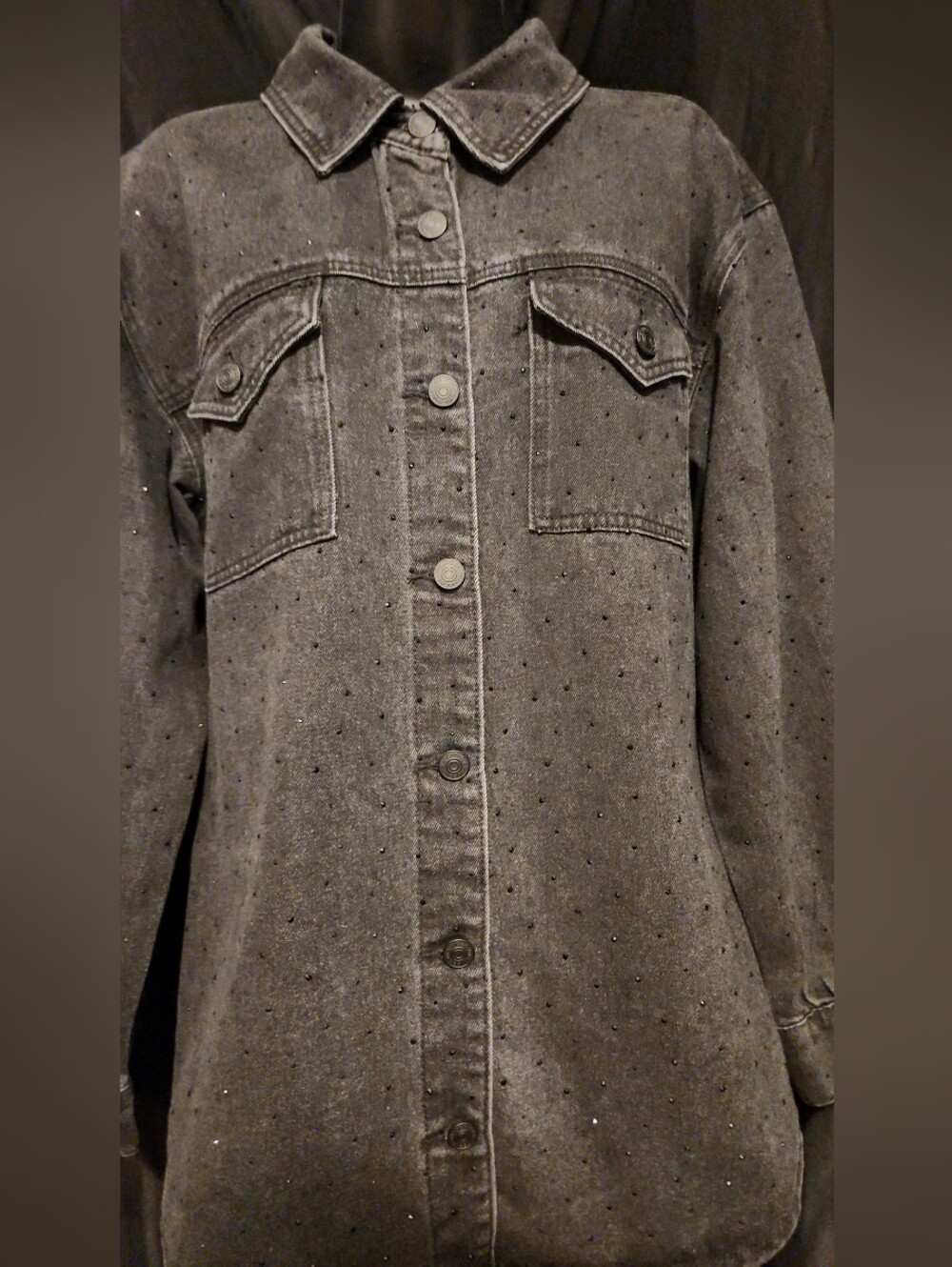Maurices Black Sparkle Denim Shacket Rhinestone Embellished Button Up Jacket L
